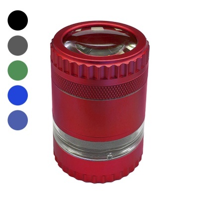 Moedor metálico vermelho com parte transparente ao centro