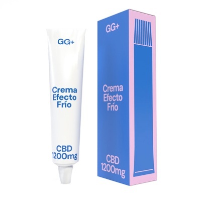 Creme em tubo branco com texto GG+ Crema Efecto Frío CBD 1200mg e caixa azul e rosa