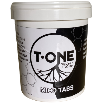 Recipiente branco de plástico com etiqueta T·ONE PRO MICO TABS e gráfico de raízes.