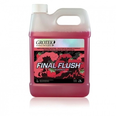 Frasco plástico vermelho com rótulo Final Flush da Grotek.