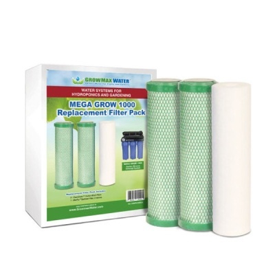 Conjunto de filtros de substituição Growmax Water Mega Grow 1000 com embalagem branca e filtros de malha verde e cartucho branco.
