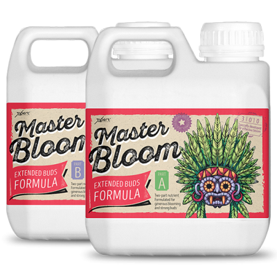 Dois recipientes Master Bloom para formula de planta, cores branco, rosa e bege, com máscara indígena colorida