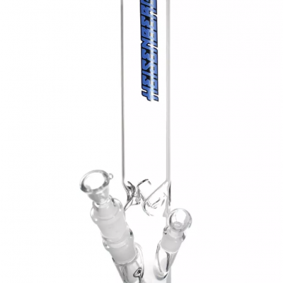 Bong de vidro transparente com detalhes azuis e texto azul