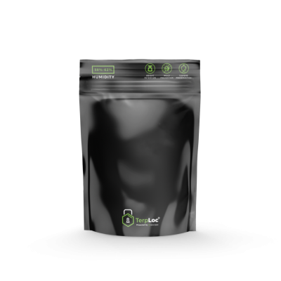 Embalagem preta de fecho com etiquetas de humidade e marca TerpLoc