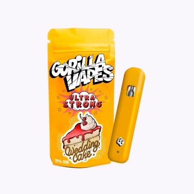 Embalagem e vaporizador amarelo com texto Gorilla Vapes, Ultra Strong, Wedding Cake e 75% CBD