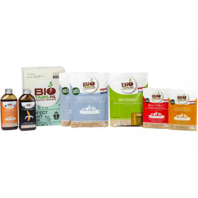 Produtos BIO TABS.NL para cultivo orgânico em garrafas e pacotes coloridos