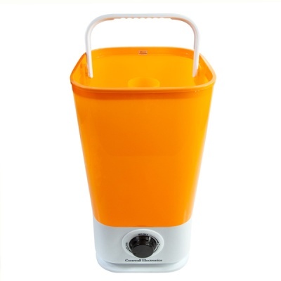 Recipiente laranja e branco com pega e botão giratório