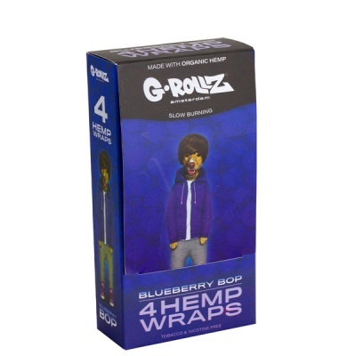 Embalagem de 4 wraps de cânhamo G-Rollz Blueberry Bop azul e preto com personagem desenhado