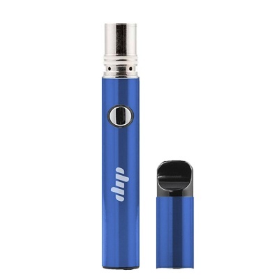 Vaporizador azul metálico com botão prateado e tampa removível preta e azul