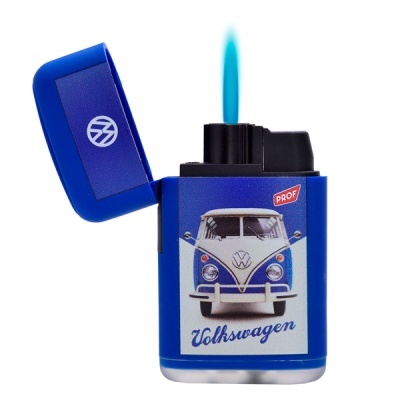 Isqueiro azul com imagem de autocarro Volkswagen e chama acesa