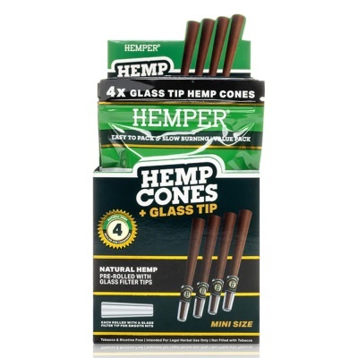 Caixa de cones de cânhamo HEMPER com ponta de vidro, cor castanha, embalagem verde e preta