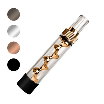 Cigarro eletrónico transparente com espiral metálica dourada e base preta