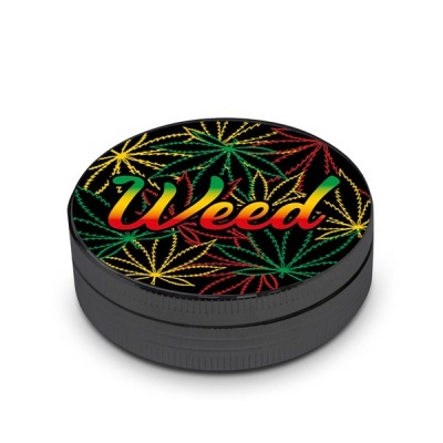 Caixa preta redonda com tampa decorada com folhas de cannabis e palavra Weed