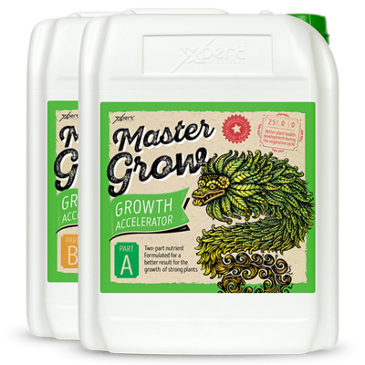 Recipientes brancos com rótulo verde Master Grow e tampa verde