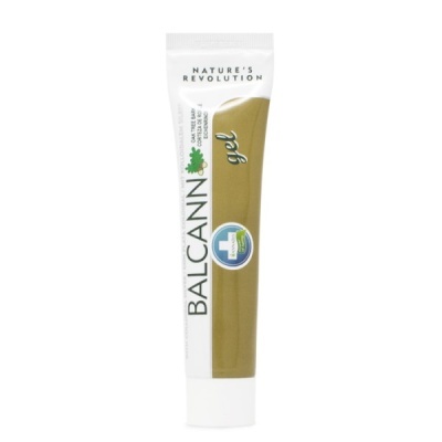 Frasco de gel BALCANN branco e verde com texto e selo azul