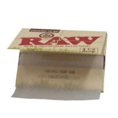 Caixa de papel de seda RAW Organic Hemp aberta com uma folha à vista.