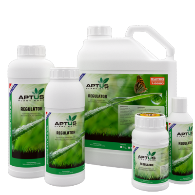 Conjunto de cinco frascos do produto APTUS Plant Care REGULATOR em várias quantidades.