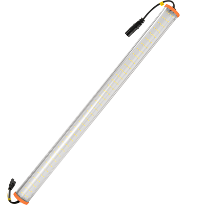 Barra de luz LED metálica com luzes amarelas e extremidades laranja