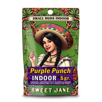 Embalagem de produto Small Buds Indoor com ilustração de mulher e textos Purple Punch INDOOR 5 gr.