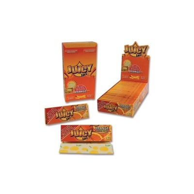 Pacotes de papel de seda JUICY Jay's sabor laranja com caixa e folhas visíveis