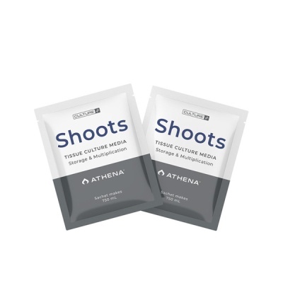Pacotes do produto Shoots Tissue Culture Media da Athena, branco e cinza, texto azul e branco.