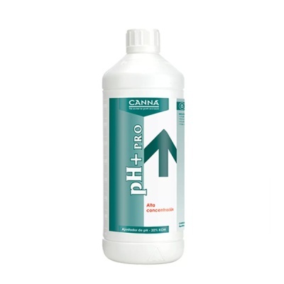 Frasco de plástico branco com rótulo verde e branco e texto relacionado a ajuste de pH