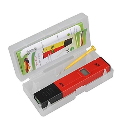Medidor digital de pH ATC vermelho e preto em estojo transparente com manual e ferramenta amarela