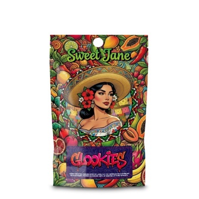 Embalagem colorida Sweet Jane com ilustração de mulher e frutas