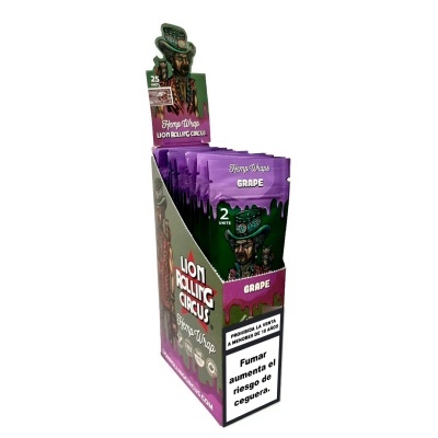 Embalagens de papel para enrolar Lion Rolling Circus Hemp Wrap sabor uva em caixa com aviso de saúde em espanhol