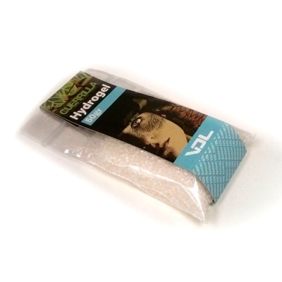 Pacote plástico transparente contendo Hydrogel 50g com rótulo preto e azul