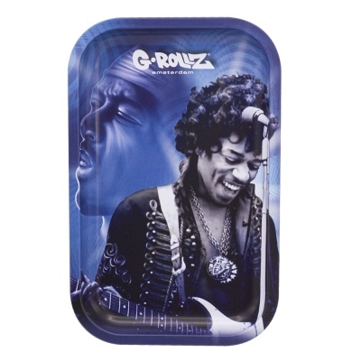 Tabuleiro metálico azul com imagens de Jimi Hendrix e texto G-ROLLZ amsterdam
