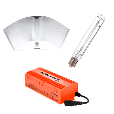 Conjunto para iluminação hortícola com refletor metálico, lâmpada tubular e ignitor laranja