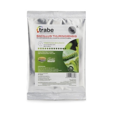 Pacote de Bacillus Thuringiensis da marca Trabe com embalagem prateada e imagem de lagarta