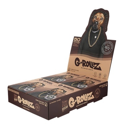 Caixa de papel para enrolar G-ROLLZ com desenho de cão com corrente dourada