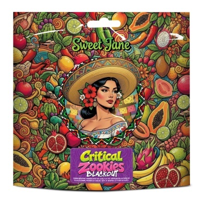 Embalagem colorida com padrão de frutas e mulher com chapéu