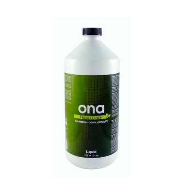 Frasco de líquido Ona Fresh Linen com rótulo verde e texto branco e amarelo