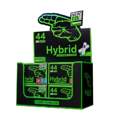Expositor de filtros Hybrid Supreme Filters preto e verde com mão apontando