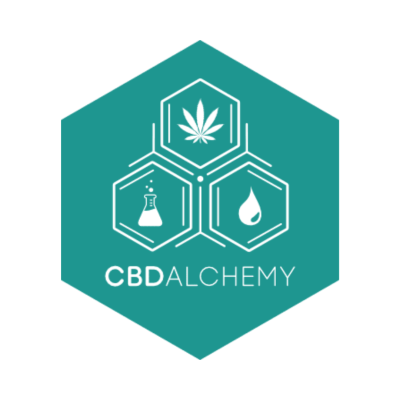 Logotipo CBD ALCHEMY com ícones de folha, tubo de ensaio e gota em fundo verde