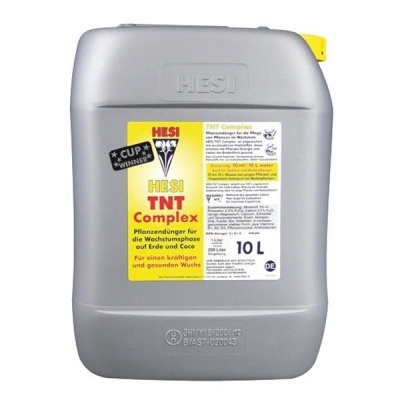 Bidão cinzento 10L HESI TNT Complex fertilizante para plantas com rótulo amarelo branco