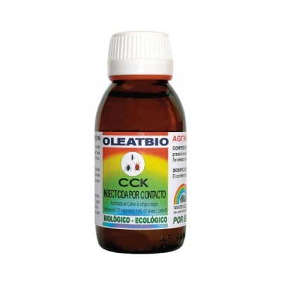 Frasco de insecticida OLEATBIO CCK com rótulo colorido e tampa branca