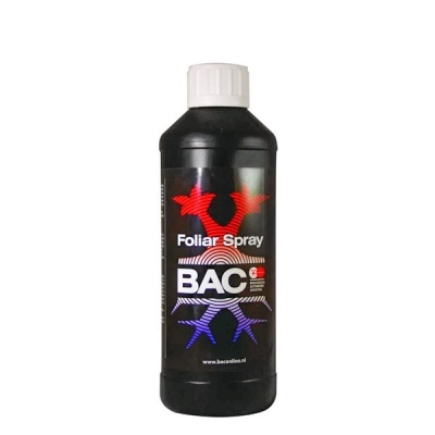 Frasco preto com tampa branca e rótulo Foliar Spray BAC