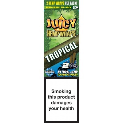Embalagem de wraps de cânhamo Juicy Tropical com aviso de saúde.