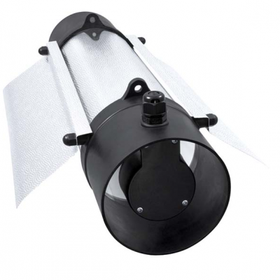 Reflector metálico prateado e preto com suporte ajustável