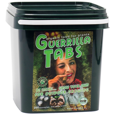 Embalagem preta com rótulo colorido Guerrilla Tabs para plantas