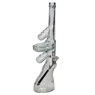 Bong de vidro transparente em forma de arma com texto Brain Juice