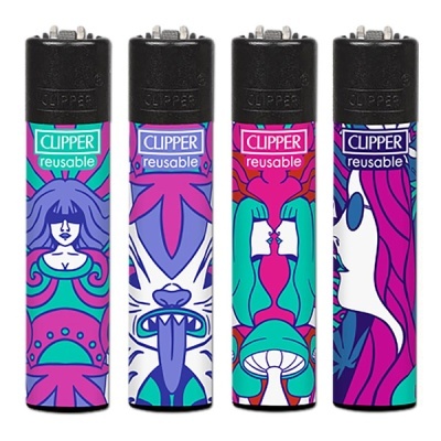 Quatro isqueiros Clipper reutilizáveis com designs coloridos e figuras estilizadas.