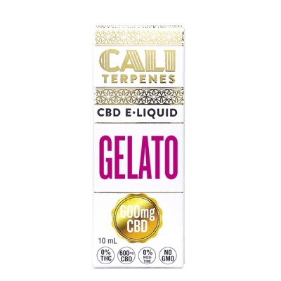 Embalagem branca e dourada de líquido CBD para vape sabor Gelato