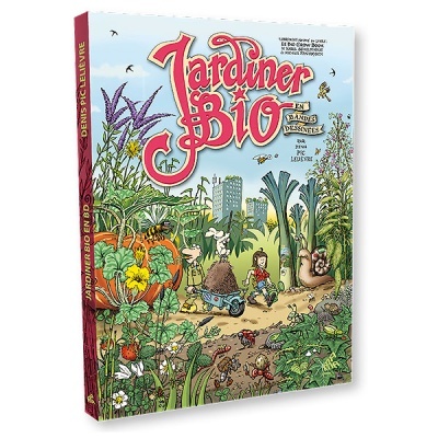 Capa de livro com ilustração colorida de jardim, plantas, personagens e caracol