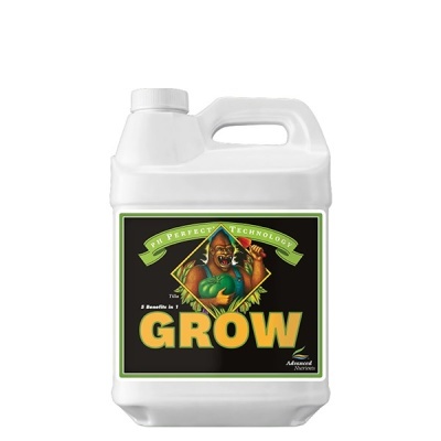 Recipiente de plástico branco com rótulo GROW e imagem de gorila