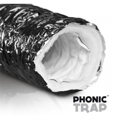 Tubo isolante preto com interior branco e texto PHONIC TRAP